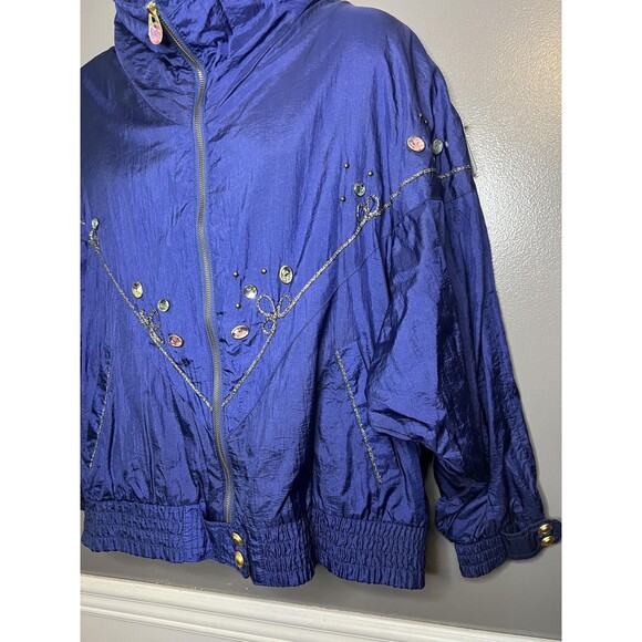 Vintage John Weitz Jacket Womens 2X Blue Embellished Crinkle Bomber Zip 80s 90s - Picture 3 of 10